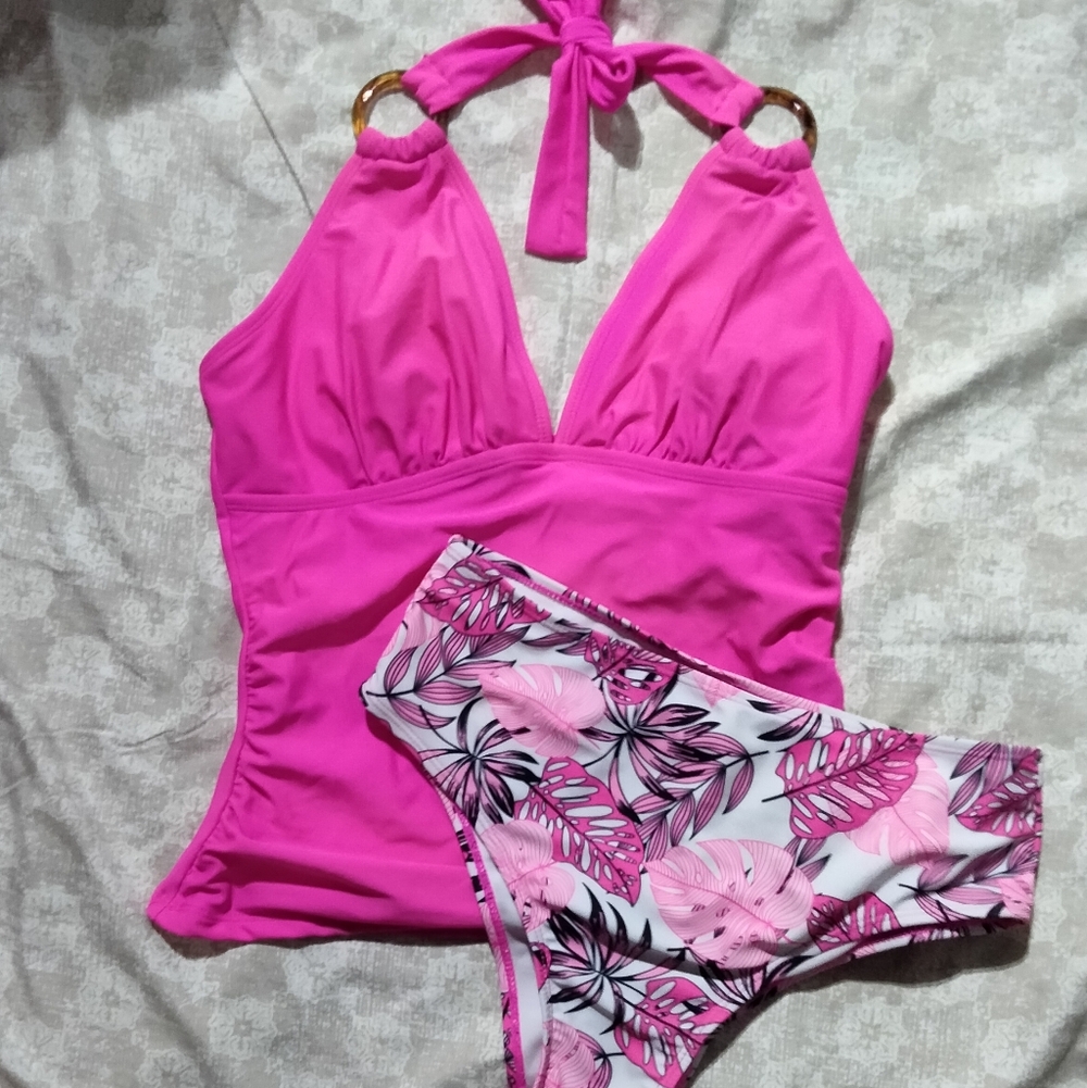 Vibrant Pink Halter Bikini Set with Floral Print Bottoms